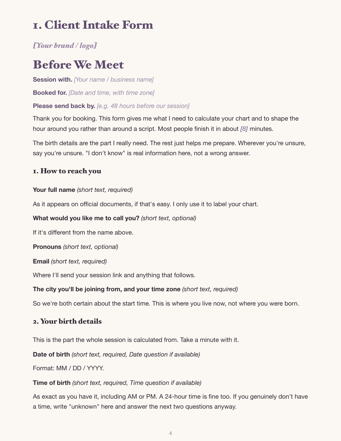 The client intake form: how to reach you and birth details